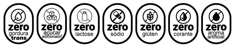 Sete carimbos da linha setezeros: zero açúcar adicionado, zero lactose, zero glúten, zero sódio, zero corante, zero aroma artificial e zero gordura trans